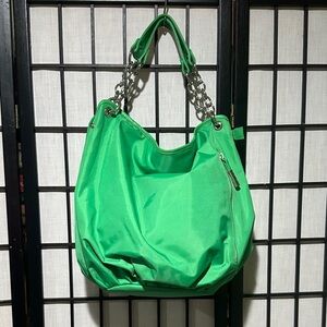 BODHI Vibrant Green Large Hobo Bag with Silver Chain Handles Nylon/Leather